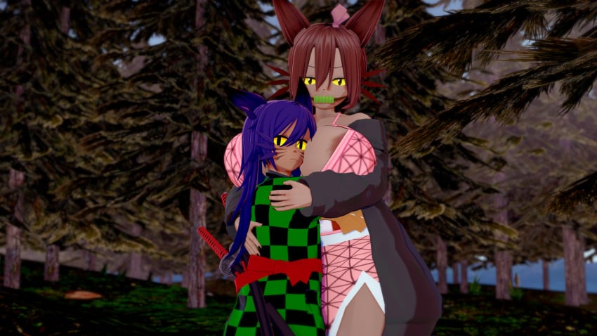 alternate_breast_size areola areola_slip areolae ball_gag bra breasts_bigger_than_head brown_areola brown_areolae brown_hair brown_skin cat_ears catgirl cosplay demon_slayer embrace female fog forest forest_background gag huge_breasts hugging humanoid incest koikatsu long_hair looking_at_viewer massive_breasts milf mother mother_and_child mother_and_son nezuko_kamado niko's_mom niko's_mom_(oneshot) niko_(oneshot) oneshot ponytail purple_hair son sword tanjiro_kamado whiskers yellow_eyes