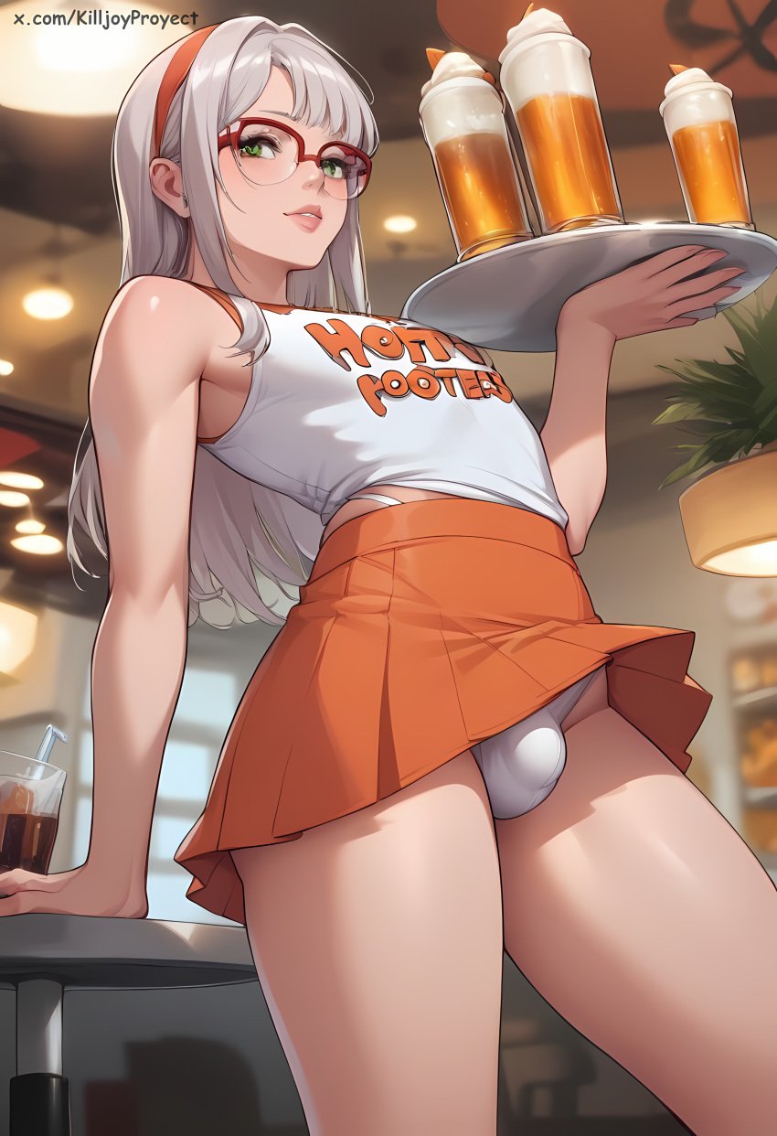 1femboy ai_generated bulge femboy femboy_hooters glasses goddess_of_victory:_nikke grey_hair hooters hooters_uniform killjoyproject neon_(nikke) orange_skirt panties penis