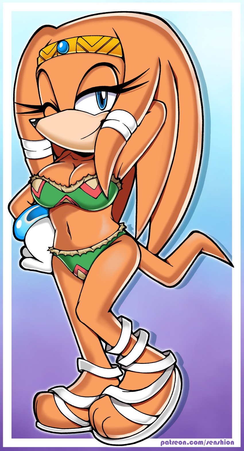 1girls arm_behind_head bandage bikini blue_eyes bra cleavage clothing female female_only gloves navel one_eye_closed orange_fur orange_hair panties partially_clothed sega senshion simple_background solo solo_female sonic_(series) sonic_adventure sonic_the_hedgehog_(series) style_imitation tagme tail tikal_the_echidna uekawa_style