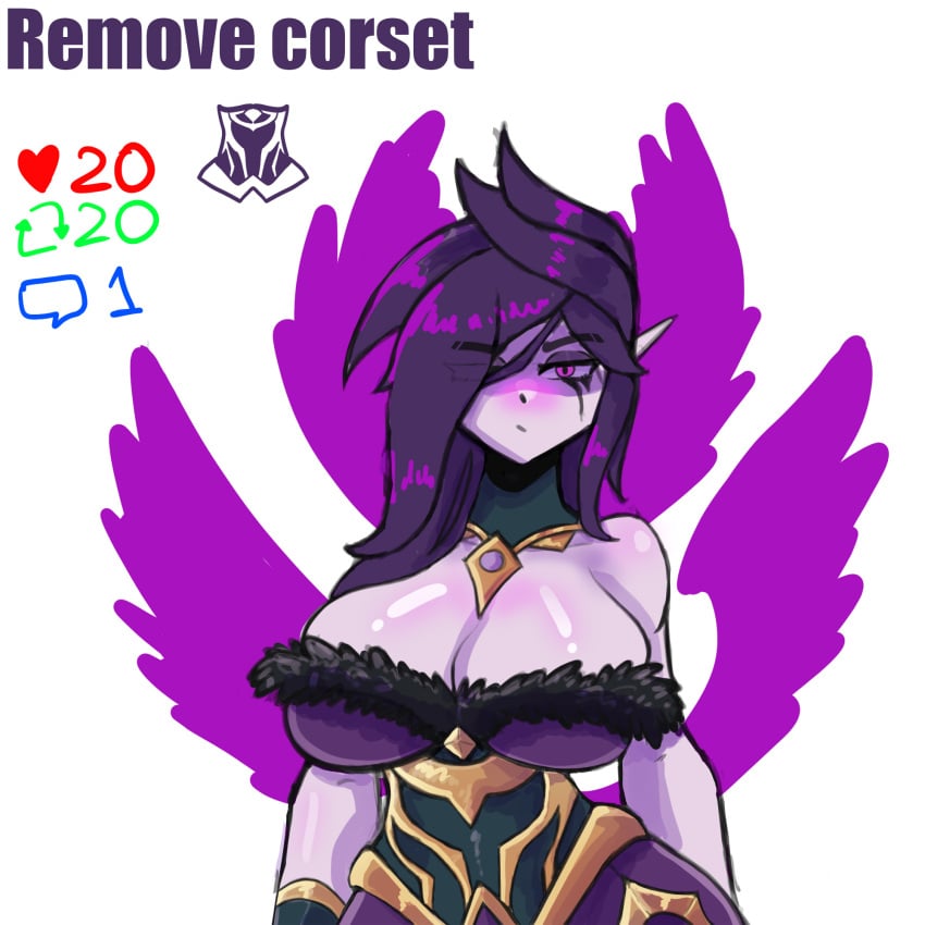 big_breasts coldy_hands hair_over_one_eye league_of_legends mommy morgana purple_hair purple_skin stripgame thick_thighs wings