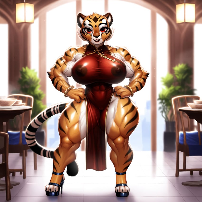 1girls 3_toes 4_fingers ai_generated anthro anthro_only areolae bracelet bracelets breasts broad_shoulders chinese_dress curvaceous curvy curvy_figure dreamworks feline female female_only furry furry_only hands_on_hips hard_nipples high_heels indoors kung_fu_panda looking_at_viewer master_tigress muscular muscular_anthro muscular_arms muscular_female muscular_legs muscular_thighs nai_diffusion nude_underneath red_eyes restaurant revealing skimpy solo standing thick_thighs tiger tight_fit tight_pussy translucent_clothing translucent_dress veiny_muscles vulva wide_hips your_date_tonight