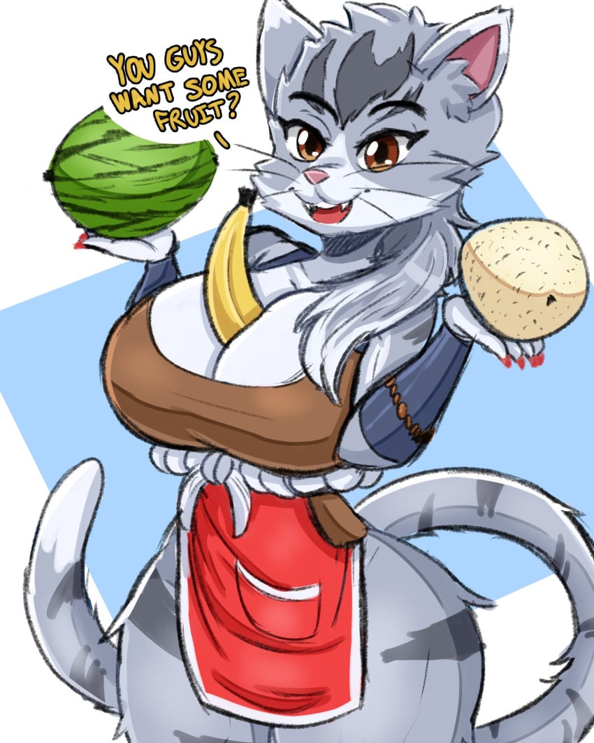 abs adventure_is_nigh! apron banana big_breasts bmayneart breasts brown_eyes cat_ears cat_tail cleavage dabarella_(adventure_is_nigh) dungeons_and_dragons feline fruit grey_fur holding_melon melon ponytail red_nail_polish tabaxi watermelon white_fur