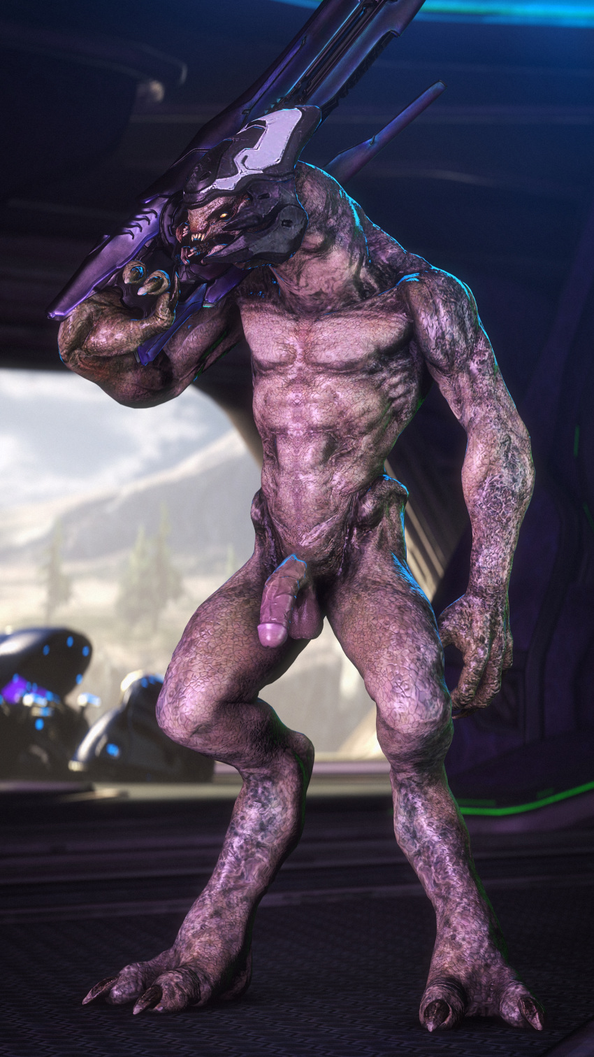 1boy 3d 9:16 absurd_res alien armor balls flaccid gun halo_(series) headgear helmet hi_res male male_only male_sangheili_(halo) microsoft muscular muscular_male nude penis ranged_weapon rifle rooking sangheili solo video_games weapon xbox_game_studios