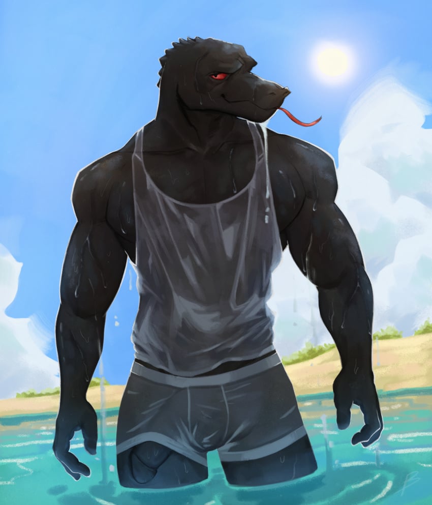 2024 absurd_res anthro beach bottomwear clothing digital_drawing_(artwork) digital_media_(artwork) epic_games fortnite genitals grey_body grey_scales half-erect hi_res komodo_dragon lizard male male_focus monitor_lizard morning muscular muscular_anthro muscular_male pecs penis reptile scales scalie shirt shorts solo standing swimming swimwear tank_top thunder_(fortnite) topwear wet wet_body wet_clothing wowsibart