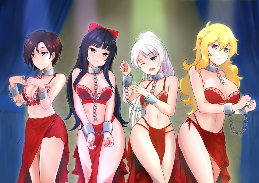 4girls belly_dancer belly_dancer_outfit blake_belladonna bondage bound chains cleavage collar female female_only femsub fully_clothed harem harem_girl harem_outfit hazunanoni human loincloth metal_collar multiple_girls pelvic_curtain revealing_clothes ruby_rose rwby skimpy_clothes slave slave_bikini slave_collar slave_outfit steel_bondage weiss_schnee yang_xiao_long