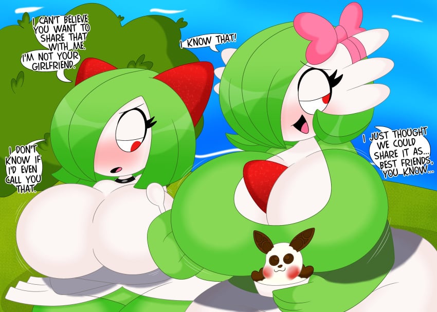 2girls 3barts big_breasts blush breasts busty cup dialogue english_text female female_only gardevoir generation_3_pokemon hair_over_one_eye huge_breasts humanoid kirlia lactating lactation lactation_through_clothes large_breasts pokémon_(species) pokemon pokemon_(species) red_eyes text thick_thighs wide_hips yuri