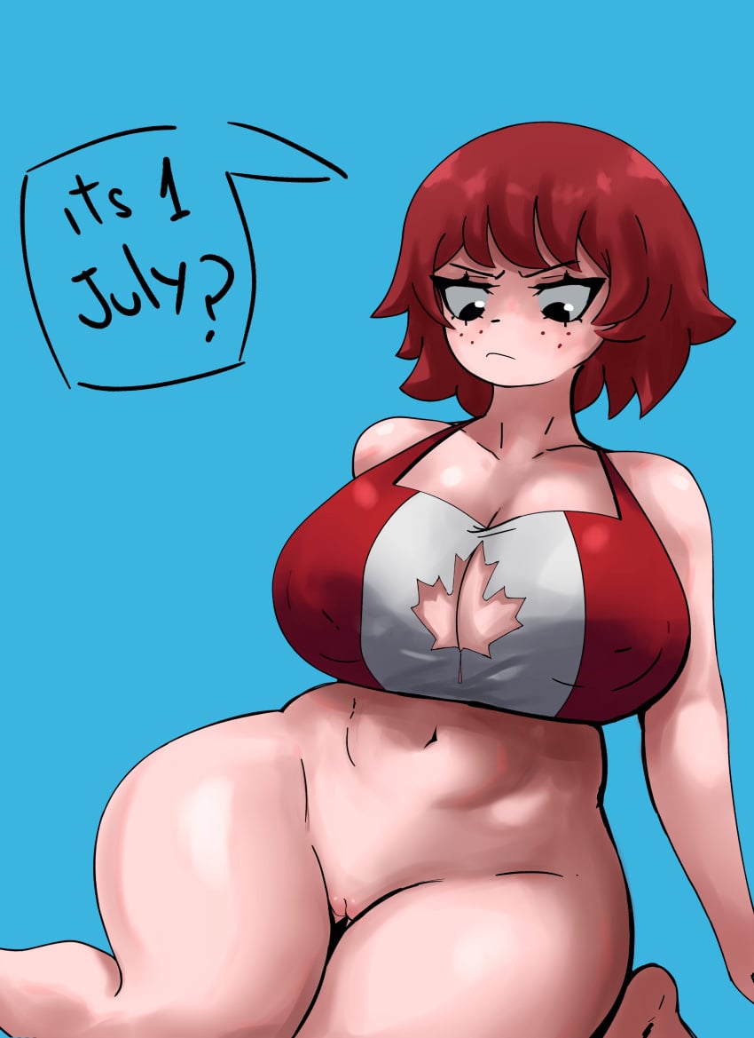 1girls big_breasts black_eyes boob_window bra canada canada_day female freckles july kim_pine kneeling mapachequeque maple_leaf naked_from_the_waist_down nipple_bulge pawg red_hair red_head scott_pilgrim shaved_pussy short_hair solo solo_female striped_bra thick_thighs