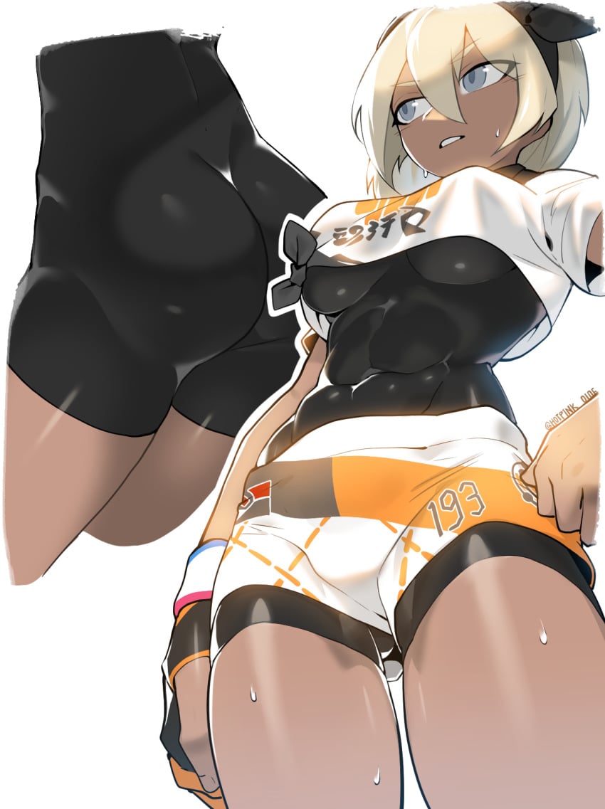 1girls abs alternate_breast_size ass bea_(pokemon) big_ass big_breasts blonde_hair blue_eyes bodysuit breasts clothed dark-skinned_female dark_skin female female_only gloves hairband huge_ass large_breasts muscular muscular_female nintendo pinkboy pokemon pokemon_ss shirt short_hair skin_tight solo sweat teeth text thick_thighs watermark white_background wide_hips