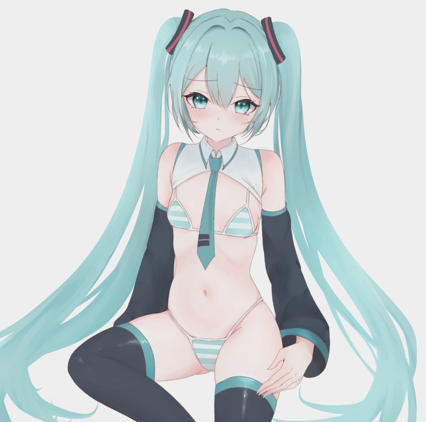 blue_eyes blue_hair blush bra hatsune_miku latex latex_thighhighs navel necktie necktie_between_breasts panties small_breasts striped_panties thighs twintails vocaloid