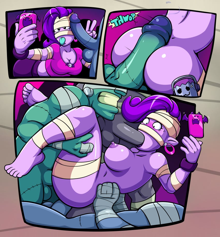 all_three_filled alternate_version_available anal anal_sex big_penis blowjob brawl_stars breasts clothing completely_nude_female double_penetration emz_(brawl_stars) feet female gangbang grabbing_legs hoop_earrings monster_boy monster_girl open_legs penis penis_in_ass phone purple-skinned_female purple_hair purple_skin roxley roxley-d sex vaginal_penetration zombie