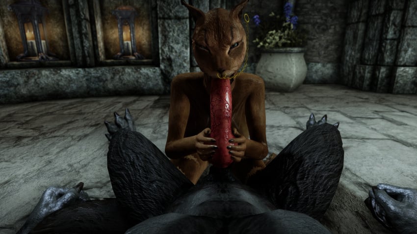 animal_genitalia black_fur black_nails blue_eyes brown_fur church ear_piercing game_screenshot khajiit knot knotted_penis laying_down nose_piercing oral sktorus skyrim werewolf