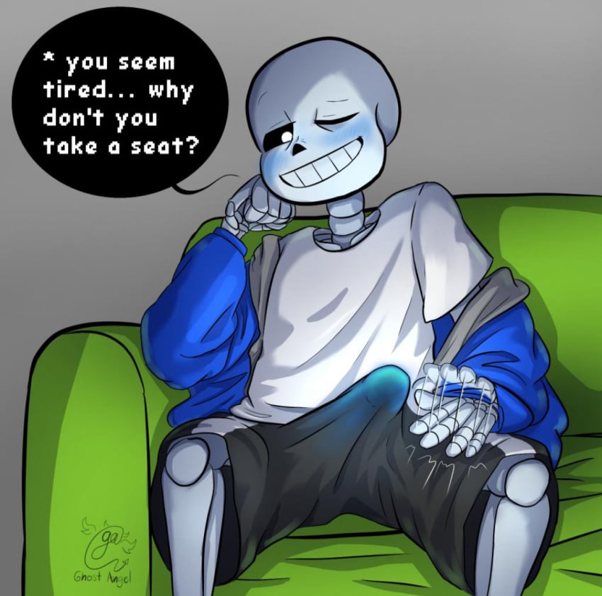 blush bulge bulge_through_clothing dialogue ectopenis fallen_ghost_angel_(artist) one_eye_closed sans undertale