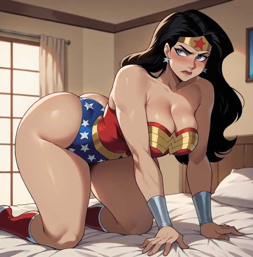 ai_generated angry_face bare_thighs big_ass big_breasts big_butt black_hair blue_eyes blush dc_comics diana_prince doggy_style_position embarrassed fat_ass gigantic_ass heroine huge_breasts huge_thighs justice_league_unlimited light-skinned_female light_skin long_hair looking_at_viewer massive_ass massive_breasts smogai solo_female squatting sweat sweatdrop thick_body thick_female thick_thighs thighs voluptuous voluptuous_female wonder_woman wonder_woman_(series)