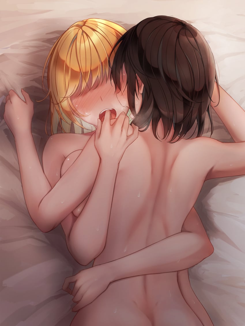 2girls back bed_sheet blonde_hair blush breast_press breasts breath brown_hair commentary facing_viewer from_above fumei_(mugendai) heavy_breathing highres hug lying lying_on_person maribel_hearn medium_breasts medium_hair multiple_girls no_eyes nude on_back on_bed on_stomach open_mouth renko_usami sheet_grab short_hair sweat touhou upper_body usami_renko yuri