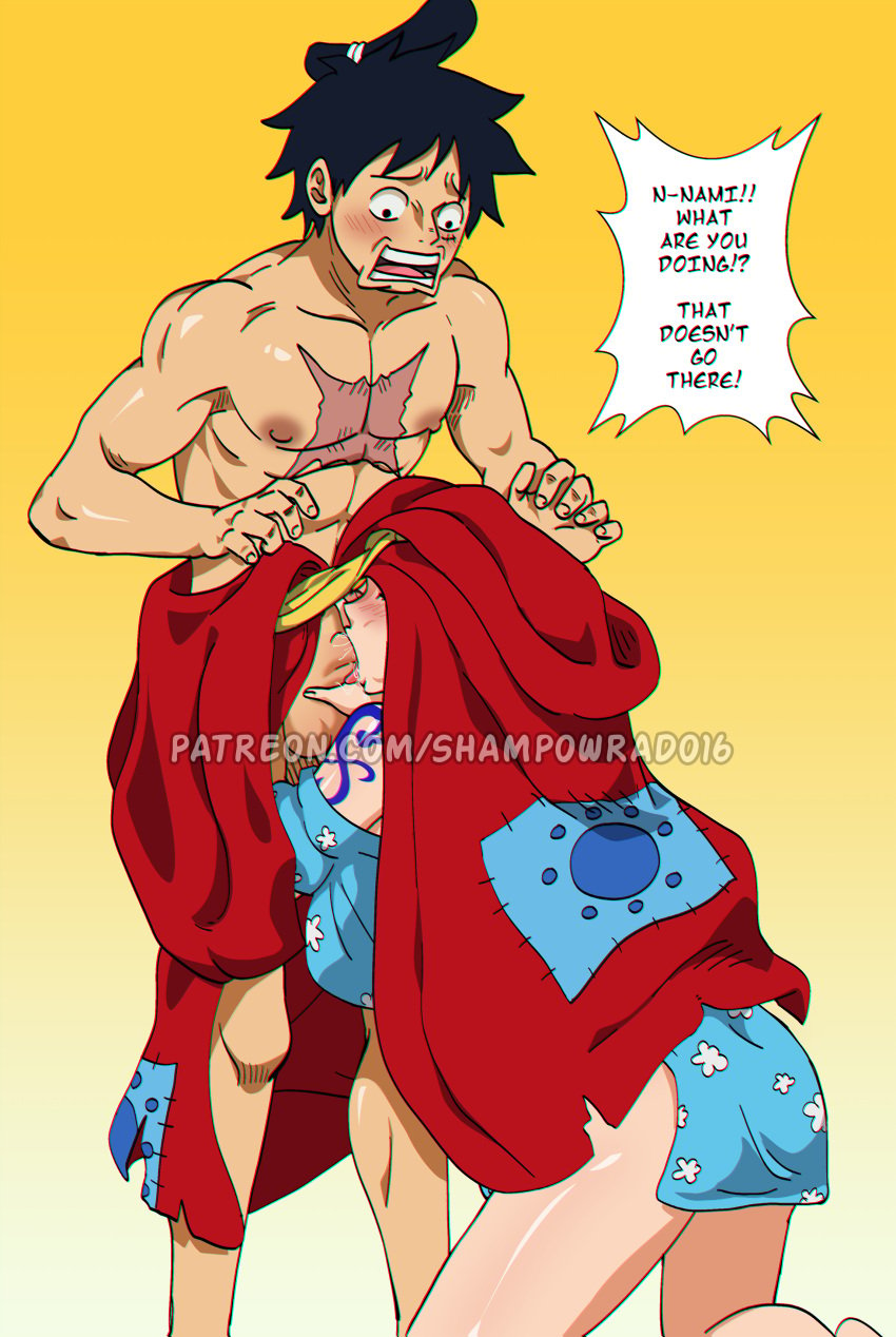 big_breasts blowjob blush closed_eyes fellatio female kimono kneeling kneeling_oral_position male monkey_d_luffy muscular_male nami onami one_piece scar scar_on_chest shampowrado sucking_penis tattoo thick_thighs wano_country