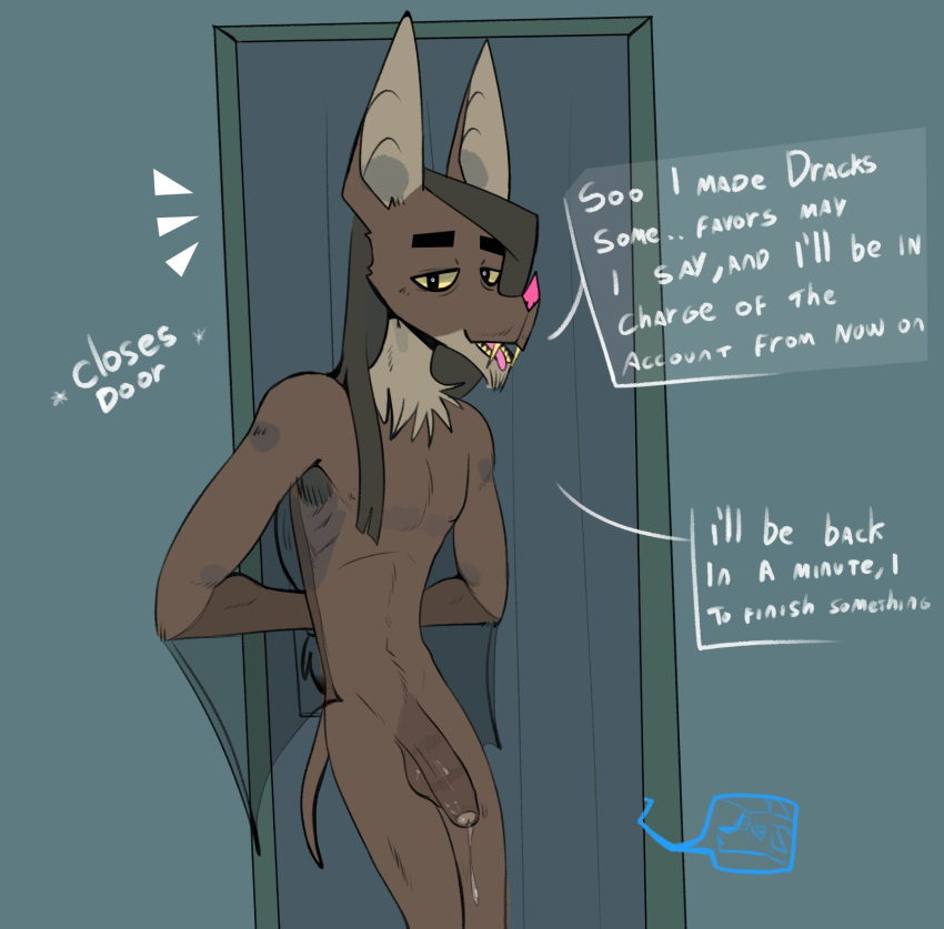 2023 anthro apollo_(dracks) armpit_hair balls bat bat_ears bat_nose bat_wings behind_door biped black_eyes bodily_fluids body_hair breaking_the_fourth_wall brown_balls brown_foreskin brown_glans brown_hair brown_penis brown_tail casual_erection casual_nudity closed_door dialogue door dracks dracks_(dracks) dripping ears_up ellipsis english_text erection fangs foreskin front_view genital_fluids genitals glans hair half-erect hi_res humanoid_genitalia humanoid_penis lad male mammal membrane_(anatomy) membranous_wings nude offscreen_character offscreen_male penis pink_nose precum precum_drip short_tail solo speech_bubble spiral_eyes standing tail talking_to_viewer teeth text tongue translucent translucent_wings wings yellow_sclera