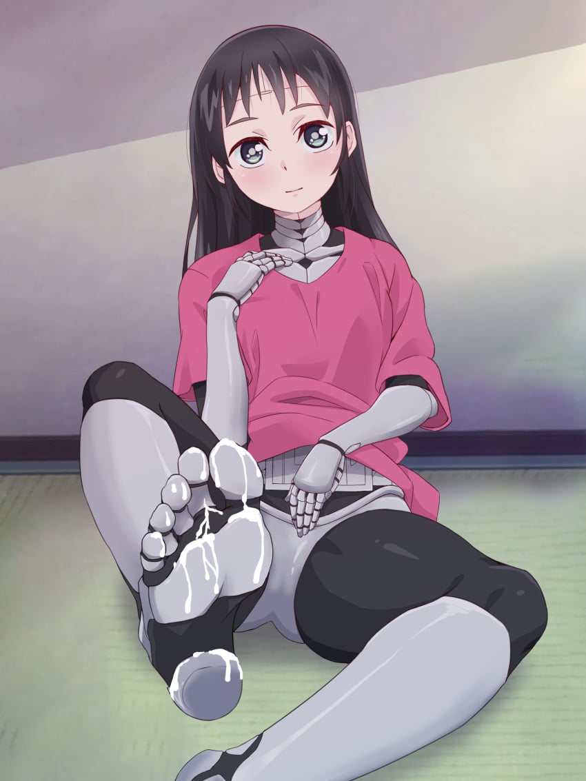 2d absurdres android black_hair boku_no_tsuma_wa_kanjou_ga_nai commentary_request cum cum_on_body cum_on_feet feet female foot_fetish foot_focus full_color grey_eyes highres indoors joints long_hair mina_(bokutsuma) mina_(my_wife_has_no_emotion) my_wife_has_no_emotion no_penetration on_floor paingoro pink_shirt presenting_foot robot_girl robot_joints shirt solo solo_female spread_legs