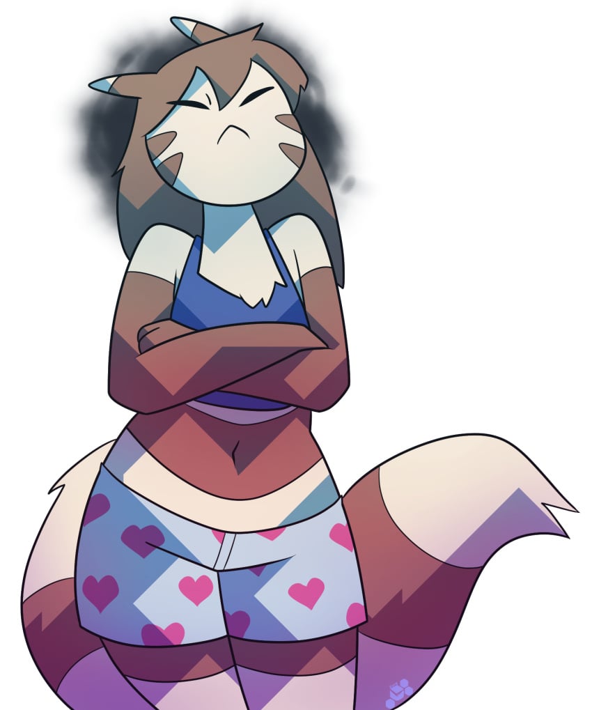 2d arms_crossed boxers boxers_(clothing) brown_fur brown_hair closed_eyes cranky crop_top furret game_freak kori_(potoobrigham) nintendo pokémon_(species) pokemon potoobrigham small_breasts tail thighs tiny_breasts