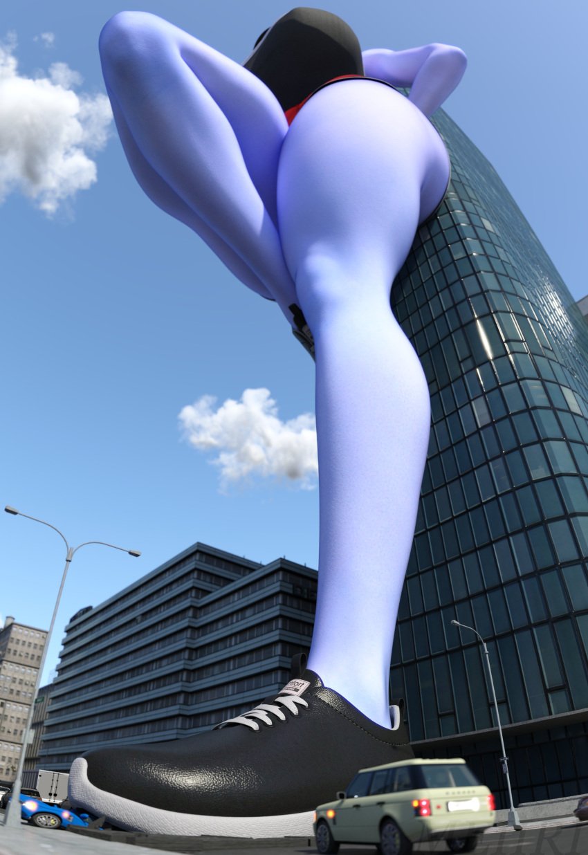 1girls 3d amelie_lacroix big_breasts black_tank_top breasts cars city female female_focus female_only giantess large_boobs large_breasts meiirii overwatch purple_skin purple_skinned_female red_shorts shorts sneakers solo solo_female solo_focus tank_top tanktop thick_thighs thighs widowmaker