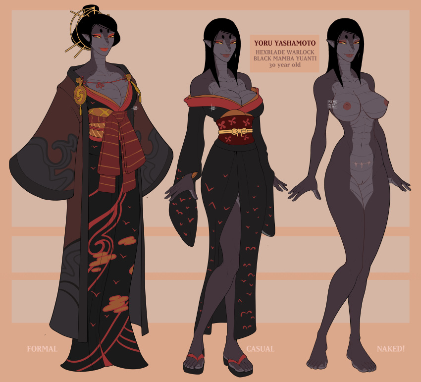 completely_nude dungeons_and_dragons fully_clothed ishton kimono nipples pussy reference_sheet tagme yoru_(ishton) yuan-ti