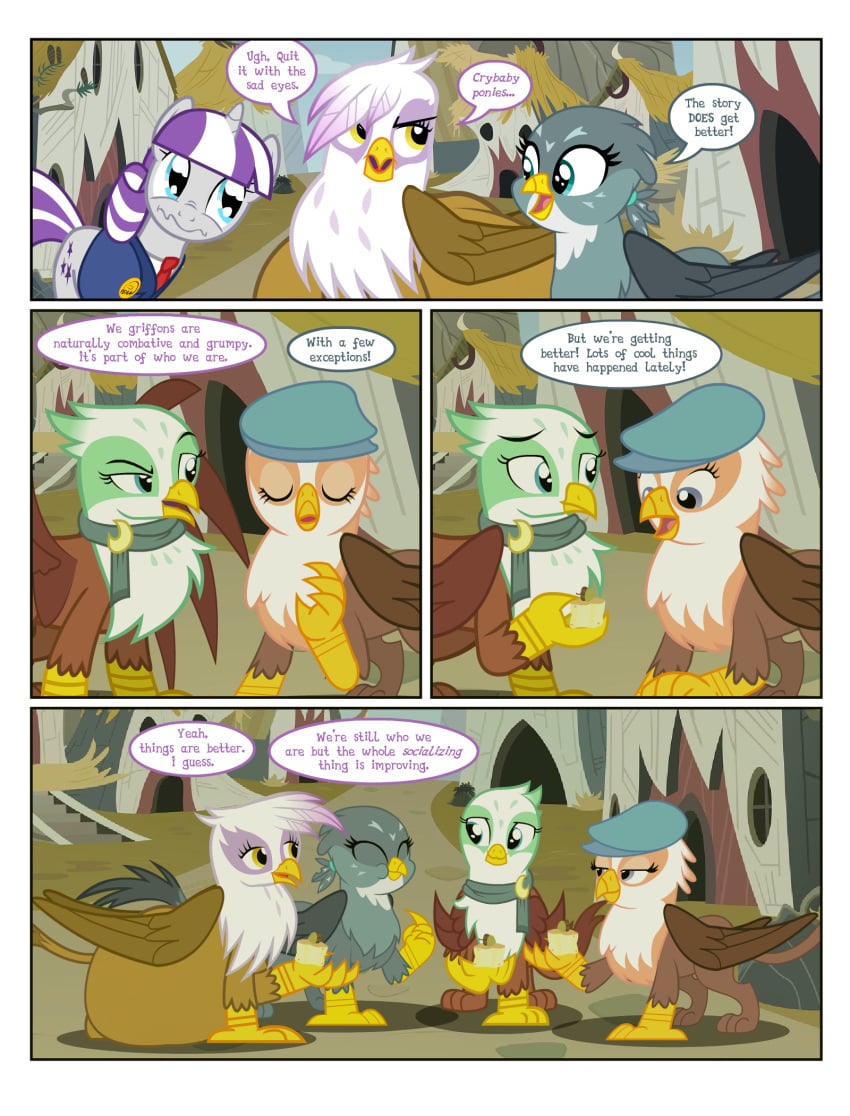 belly big_belly cap clothing english_text flashequestria gabby_(mlp) gilda_(mlp) gimme_moore_(mlp) greta_(mlp) griffon griffon_scone griffonstone hat horn kindness my_little_pony pony pregnant puppy_dog_eyes scarf text twilight_velvet_(mlp) unicorn yeaa_(comic)