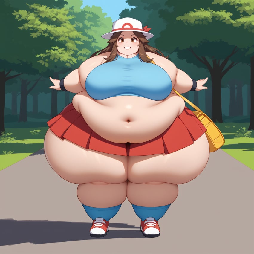 ai_generated belly big_belly breasts leaf_(pokemon) obese obese_female pokemon pokemon_rgby pokemon_trainer thick_thighs