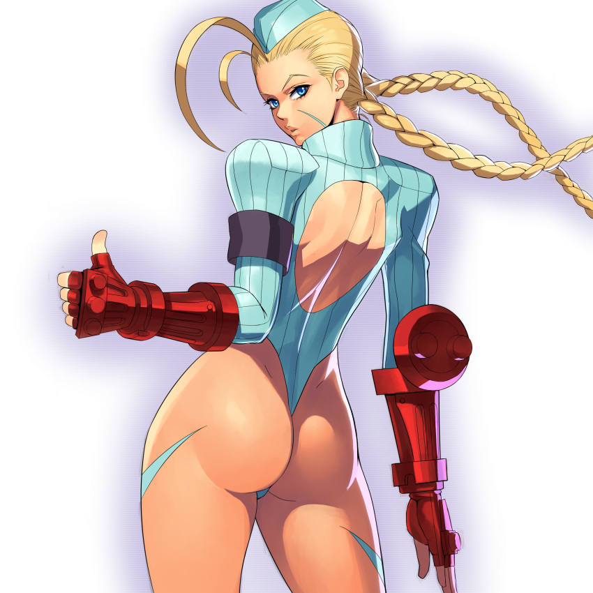 alternate_costume ass back_cutout behind_view blonde_hair cammy_white female garrison_cap gauntlets leotard ogami solo standing street_fighter street_fighter_alpha thumbs_up twin_braids