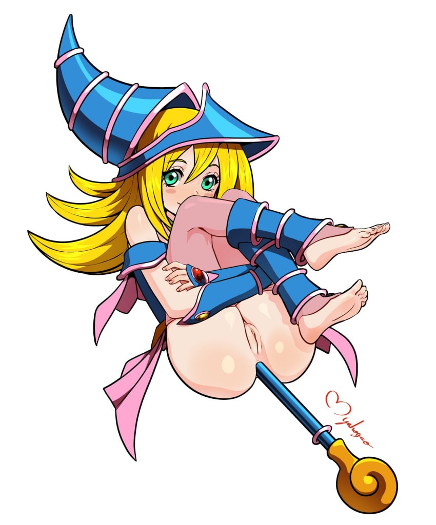 anal anal_object_insertion armor artist_name ass bare_shoulders barefoot blonde_hair blue_hat blush_stickers bottomless clitoral_hood commentary dark_magician_girl duel_monster english_commentary feet female greaves green_eyes hat helmet highres hugging_own_legs kneepits knees_to_chest long_hair looking_at_viewer mage_staff maho_malice object_insertion pink_thighhighs pussy simple_background smile soles solo thighhighs thighs toes vambraces white_background wizard_hat yu-gi-oh!