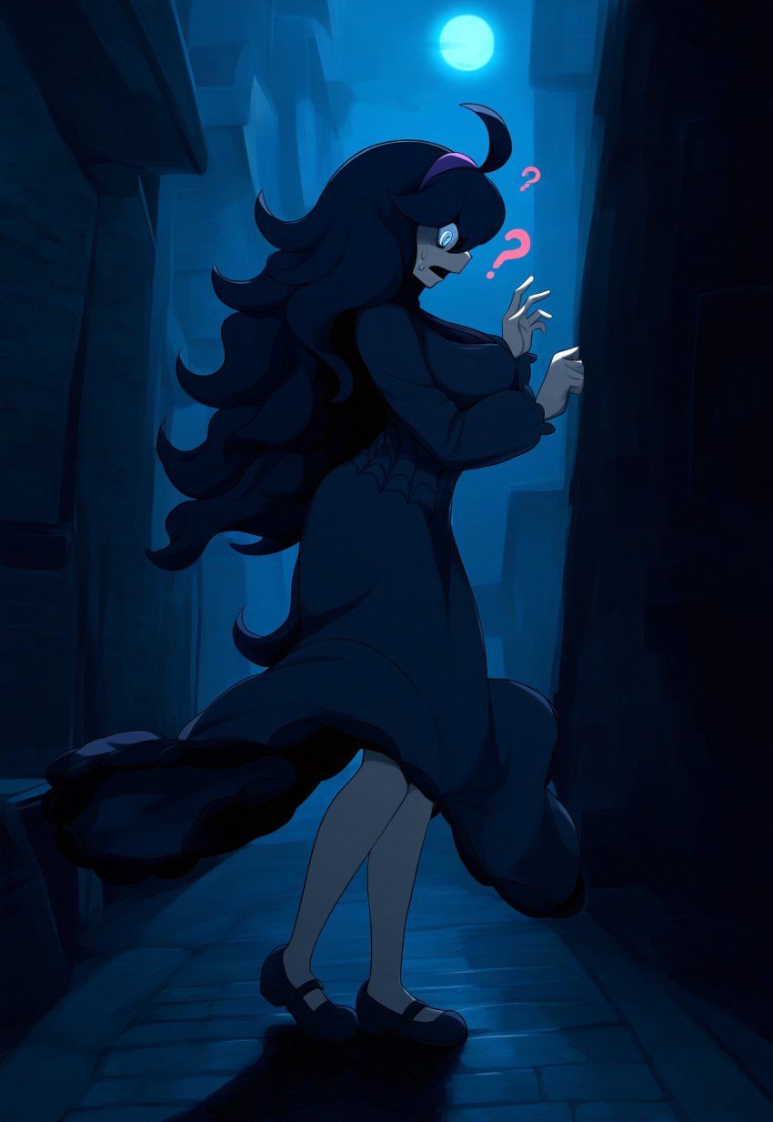 ai_generated alley big_breasts dress from_side full_body hex_maniac long_dress messy_hair night novelai pokemon pokemon_xy purple_eyes purple_hair question_mark skirt_lift suprised tgm101_(artist) very_long_hair