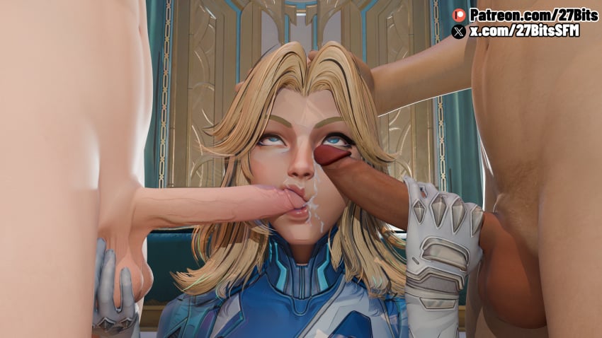 27bits 3d anon anonymous_male balls blonde_female blonde_hair blowbang blowjob blowjob_face blue_clothing blue_eyes cum cum_on_face gloves hand_on_head hand_on_penis handjob invisible_woman invisible_woman_(marvel_rivals) male male/female marvel marvel_rivals sucking sucking_penis sue_storm suit testicles threesome