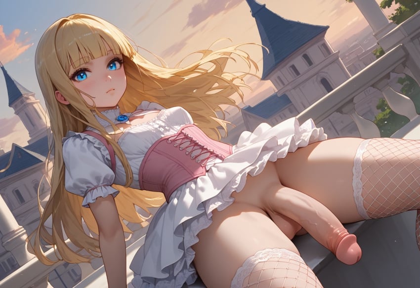 1futa ai_generated balls blonde_hair blue_eyes corset dress dutch_angle fishnet_legwear fishnet_stockings fishnets flaccid futa_only futanari hime_cut jamesbron large_penis legwear long_hair no_panties penis small_breasts solo solo_futa thighhighs white_dress white_legwear