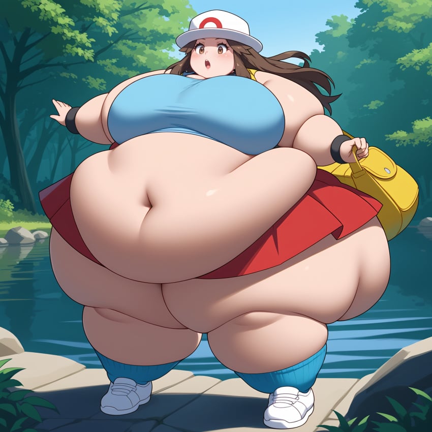 ai_generated belly big_belly big_breasts breasts leaf_(pokemon) morbidly_obese obese obese_female pokemon pokemon_rgby pokemon_trainer thick_thighs