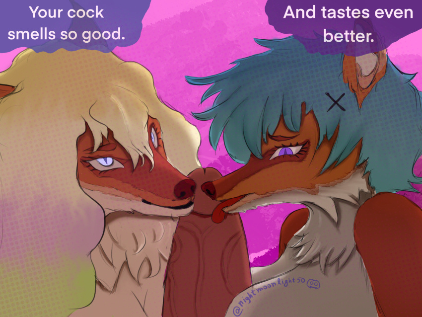 blonde_hair blue_hair cock_sniffing danica_hyton dialogue dick dyed_hair fox foxes fur furry furry_female furry_only oc ocs original original_character red_fur selena_hyton sisters text text_bubble