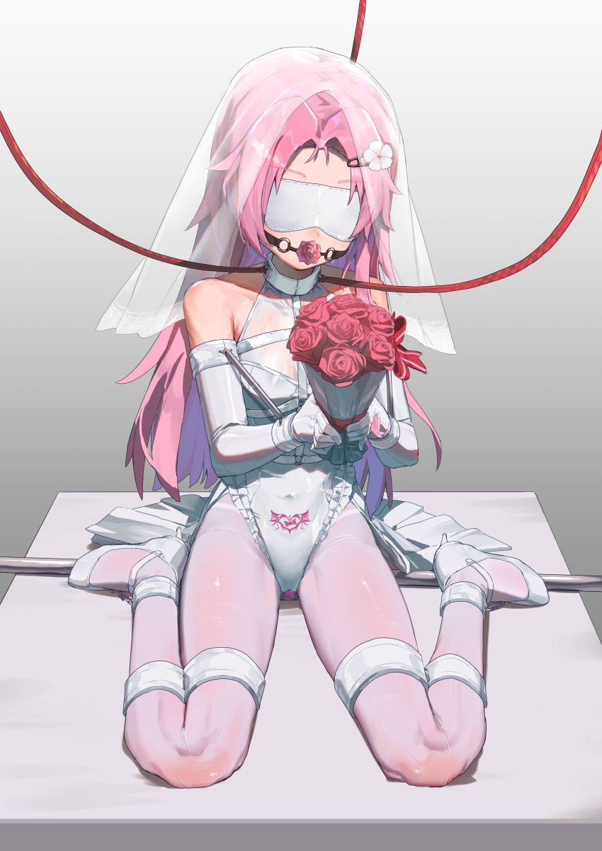 absurdres breasts bridal_gauntlets bride collar dildo dildo_riding female femsub flower gag gagged highres leash leotard looking_at_viewer navel original pantyhose pink_hair red_eyes restrained sex_toy shoes sitting skin_tight small_breasts spreader_bar wariza white_blindfold xiongmao