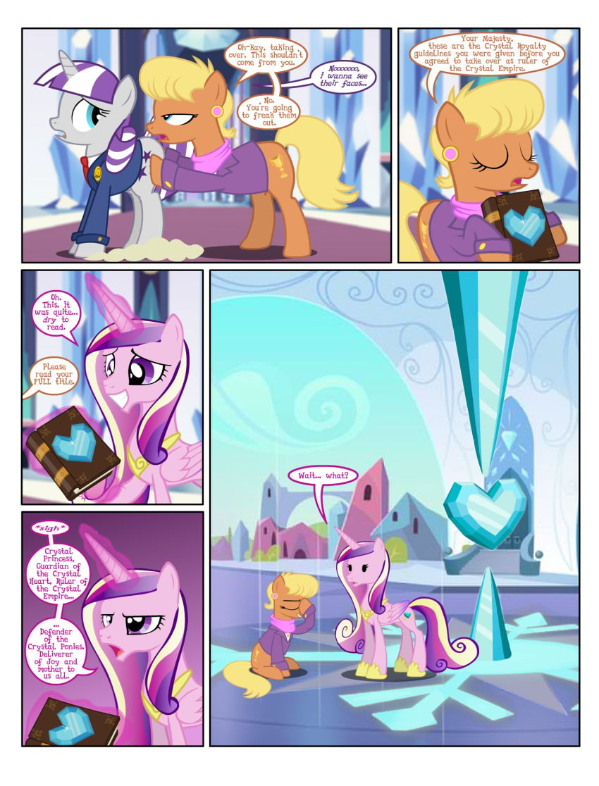 alicorn book comic crystal_empire crystal_heart dialogue dot_eyes earth_pony english_text facehoof female flashequestria mare ms._harshwhinny_(mlp) my_little_pony open_mouth pony princess_cadance_(mlp) pushing rump_rush shrunken_pupils sitting speech_bubble text twilight_velvet_(mlp) unicorn what yeaa_(comic)