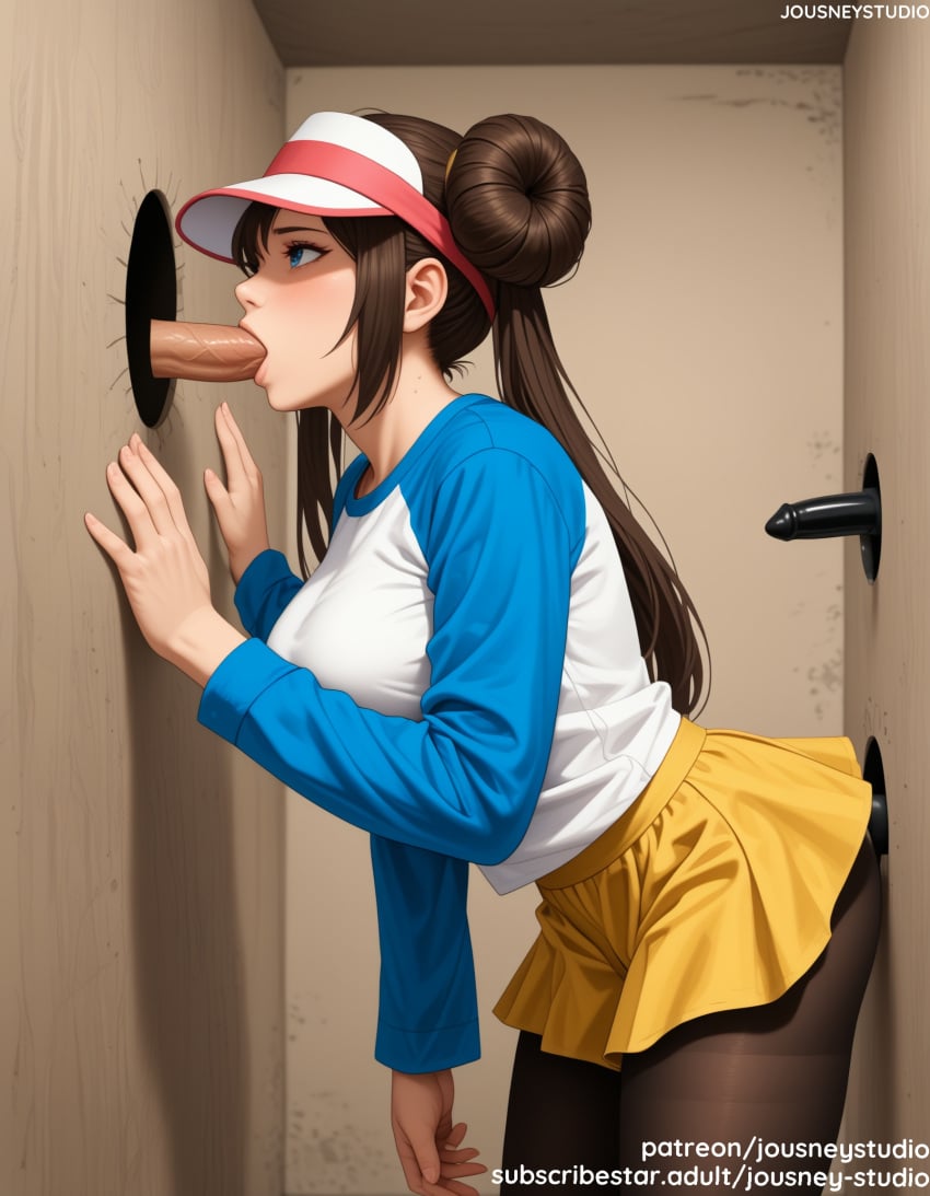 1boy ai_generated bangs black_legwear black_pantyhose blue_eyes blue_shirt blush breasts brown_hair clothed_female clothed_female_nude_male clothing double_bun erection fellatio female hair_bun headwear indoors jousneystudio large_breasts leaning_forward legwear long_hair long_sleeves male nintendo oral pantyhose penis pokemon pokemon_(game) pokemon_black_2_&_white_2 pokemon_bw pokemon_character protagonist_(pokemon) raglan_sleeves rosa_(pokemon) shirt shorts sidelocks skirt solo_focus standing straight text tied_hair twintails uncensored visor_cap yellow_shorts yellow_skirt