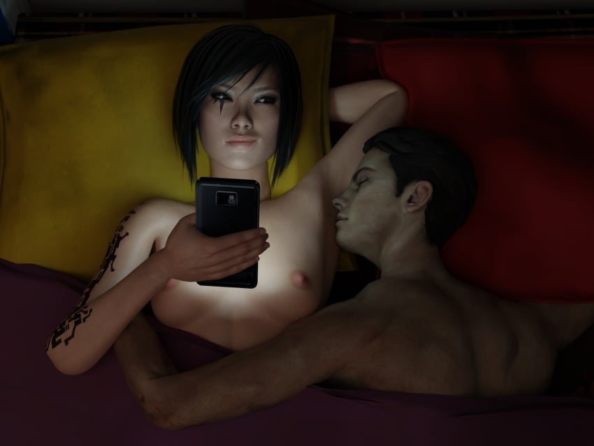 armpit armpit_sniffing armpits asian blender cuddling faith_connors faith_connors_(mirror's_edge_catalyst) holding_phone laying_on_bed mirror's_edge mirror's_edge_catalyst nude oc original_character short_hair sniffing_armpit tattoo theblendertaper