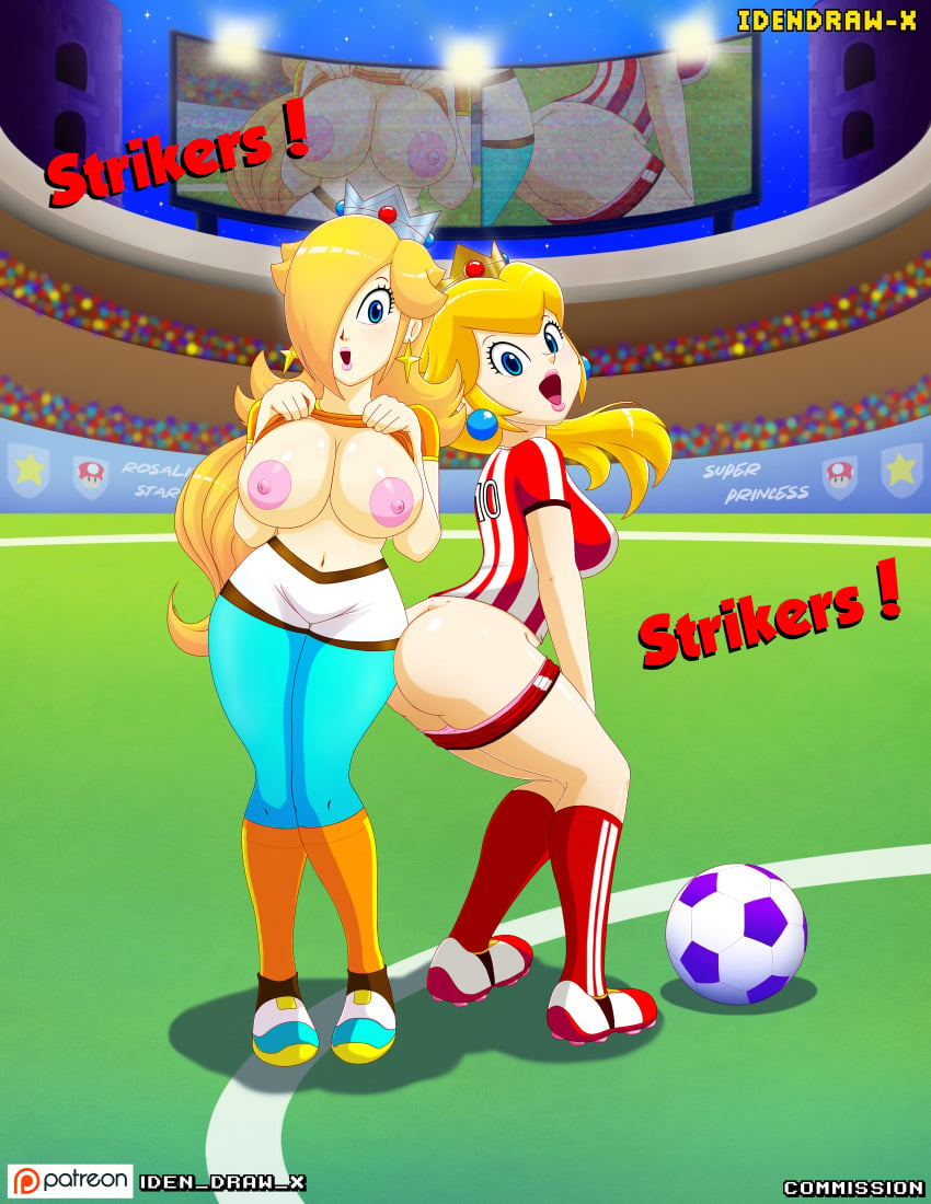 2girls ass bigass breasts duo fanart female female_only idendrawx mario_(series) mario_strikers nintendo princess_peach princess_rosalina soccer soccer_uniform tagme