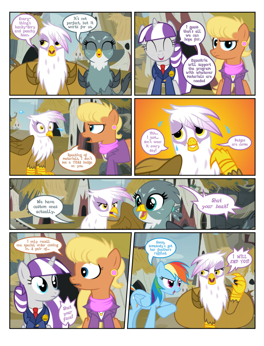 badge belly big_belly earth_pony embarrassed english_text flashequestria gabby_(mlp) gilda_(mlp) glare griffon griffonstone horn ms._harshwhinny_(mlp) my_little_pony pegasus pony pregnant rainbow_dash_(mlp) text threatening twilight_velvet_(mlp) unicorn yeaa_(comic)