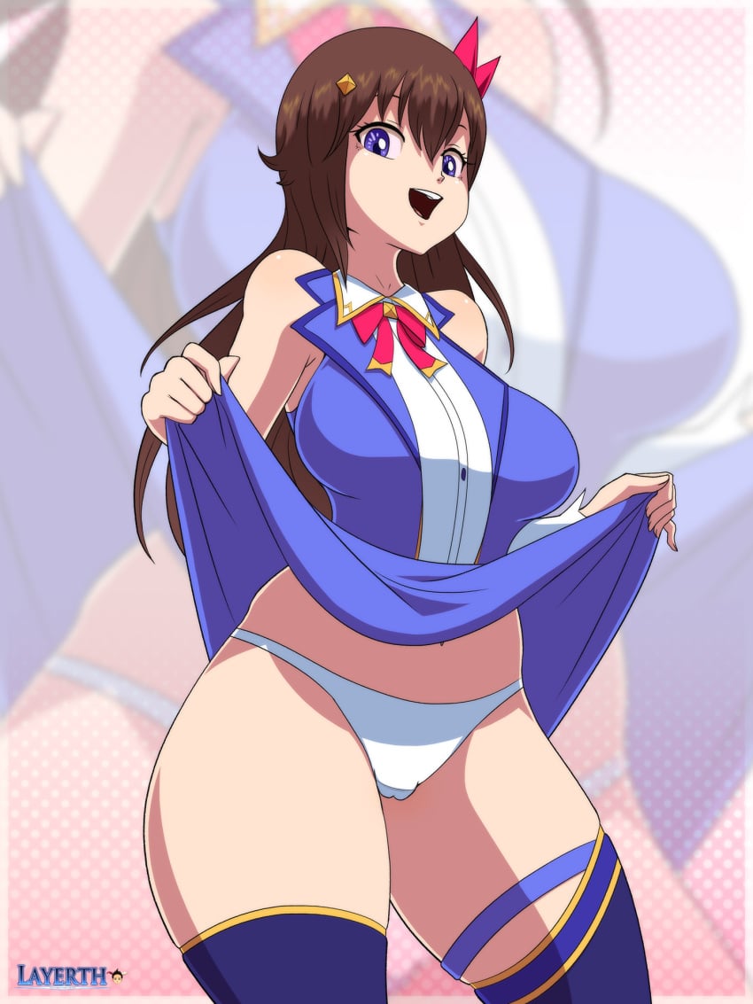 1girls blue_eyes breasts brown_hair cameltoe curvy exposed_shoulders female hair_ornament highres hips hololive hololive_gen_0 hololive_japan layerth long_hair looking_at_viewer open_mouth panties presenting ribbon shirt skirt skirt_lift sleeveless smile solo standing thick_thighs thighhighs thighs tokino_sora upskirt vest virtual_youtuber