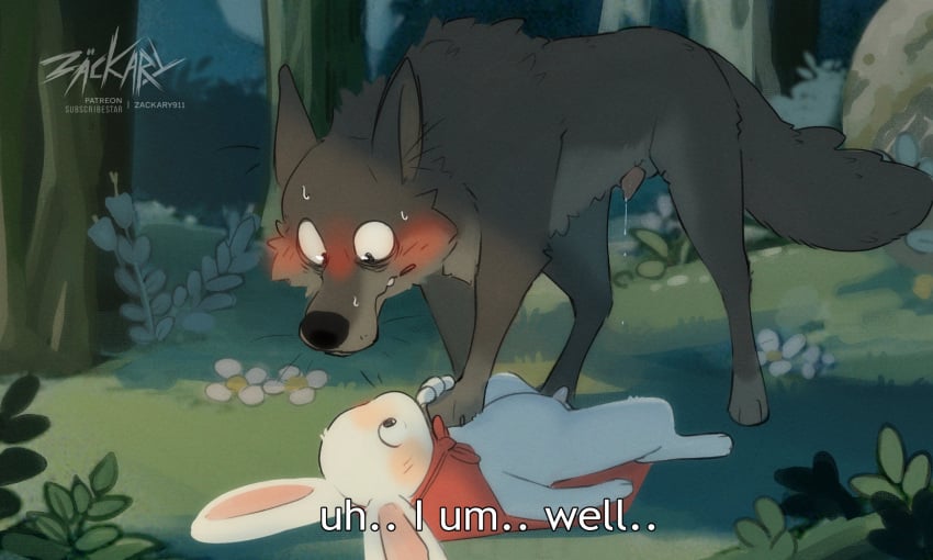 2d 2d_(artwork) animal_genitalia anthro_on_feral blush bunny_boy bunny_ears canine canine_penis cloak dialogue dominant_feral dominant_male forest forest_background furry gay grey_fur jpeg knot lagomorph lagomorph_humanoid lagomorph_penis leaking_precum male/male male_only nervous_smile nervous_sweat nervous_sweating paw_on_chest pinned_down rabbit rabbit_ears sentient_feral sheath size_difference submissive_anthro submissive_male subtitled sweat sweat_beads sweating white_fur wolf yaoi zackary911