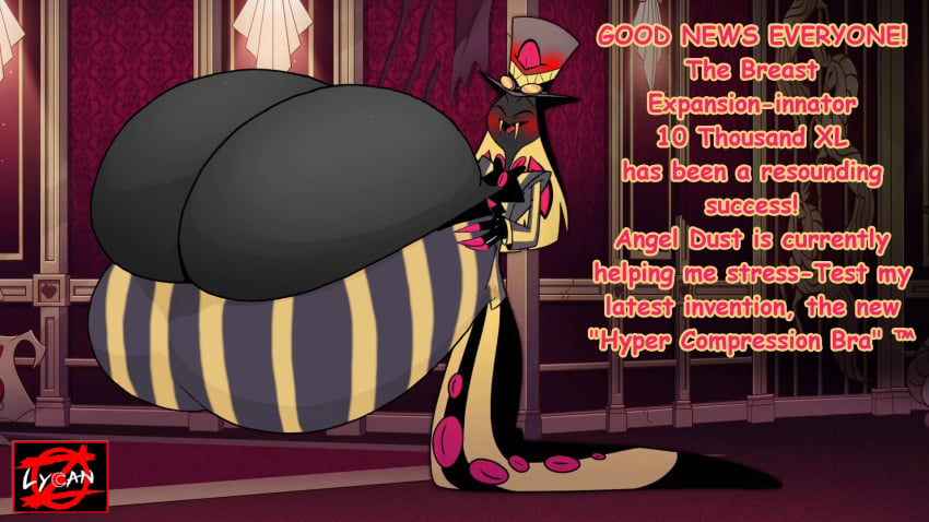 big_breasts blush bra digital_media_(artwork) edited_image embarrassed expansion happy hazbin_hotel hyper_breasts male sir_pentious_(hazbin_hotel) soft_breasts solo_male text zoelycan