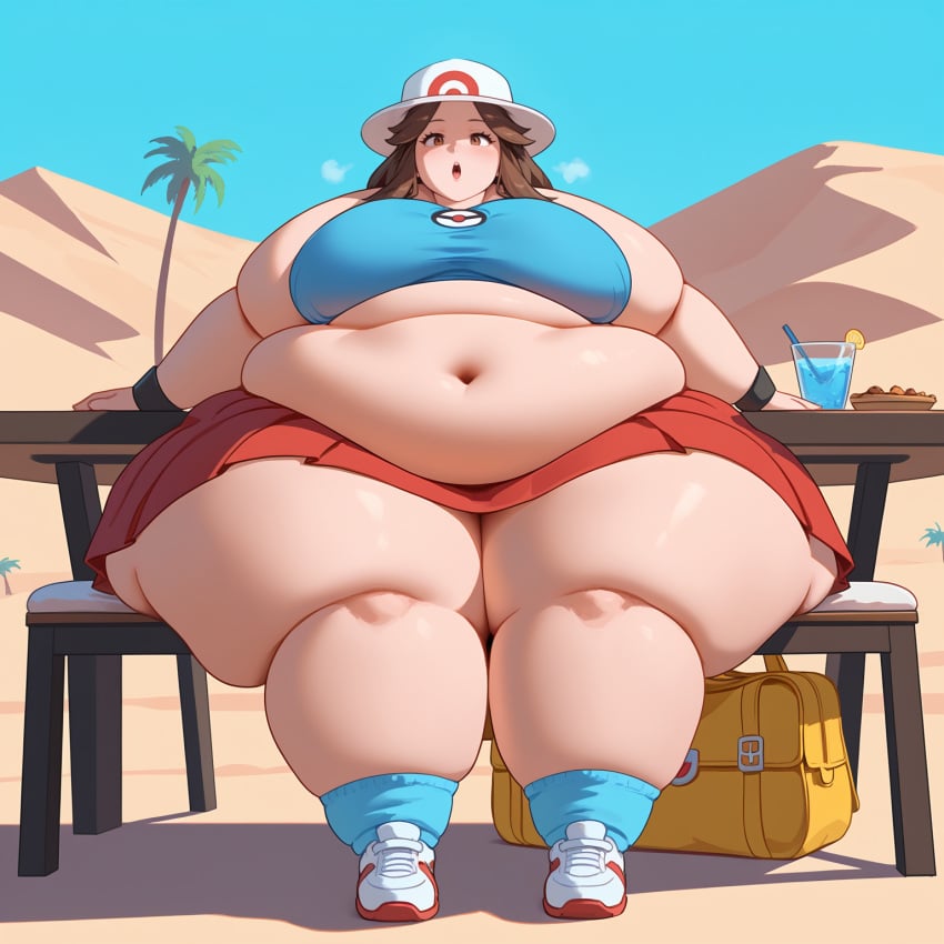 ai_generated belly big_belly breasts leaf_(pokemon) obese obese_female pokemon pokemon_rgby pokemon_trainer thick thick_thighs