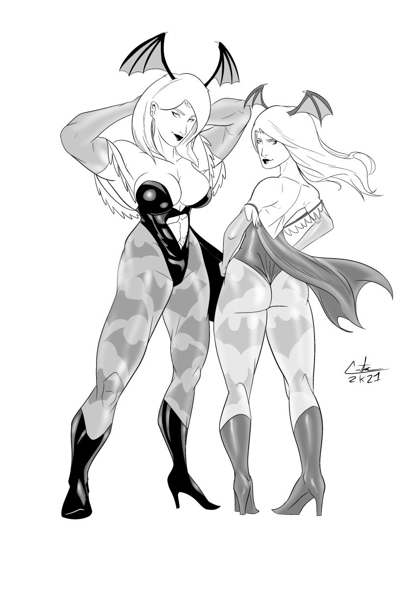 2girls ass big_breasts black_and_white breasts cosplay darkstalkers dc dc_comics drawfag female female_only head_wings huge_breasts large_breasts lilith_aensland_(cosplay) medium_ass monochrome morrigan_aensland_(cosplay) multiple_girls power_girl supergirl superman_(series)