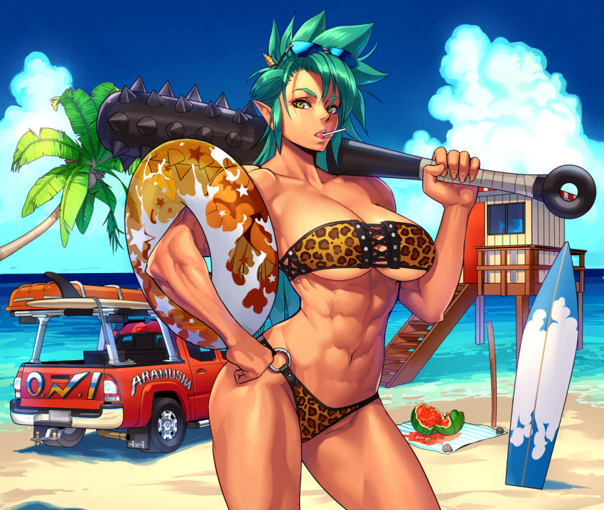 beach bikini green_hair hand_on_hip large_breasts lollipop muscular_female ocean ogami palm_tree pickup_truck sky standing watermelon weapon