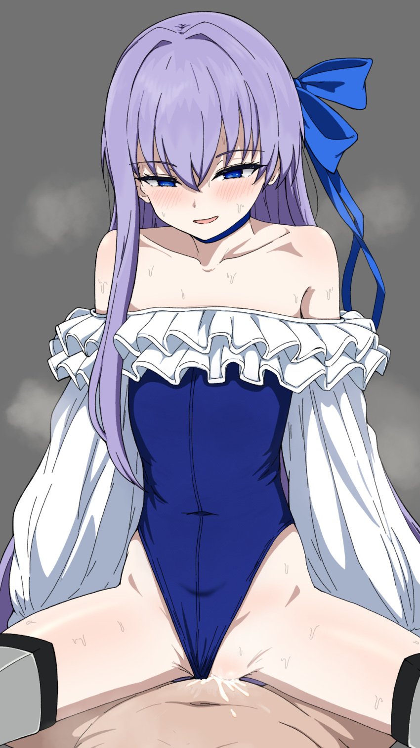 1boy aji_1332 blue_one-piece_swimsuit blue_ribbon choker clothing_aside collarbone commentary cowgirl_position cum cum_in_pussy fate/grand_order fate_(series) female frilled_one-piece_swimsuit frills grey_background hair_ribbon half-closed_eyes heavy_breathing highleg highleg_one-piece_swimsuit highres long_hair looking_down meltryllis_(fate) meltryllis_(swimsuit_lancer)_(fate) meltryllis_(swimsuit_lancer)_(second_ascension)_(fate) navel off-shoulder_one-piece_swimsuit off_shoulder one-piece_swimsuit parted_lips pov pov_crotch purple_hair ribbon sex simple_background single_sidelock solo_focus spread_legs steaming_body straddling strapless strapless_one-piece_swimsuit sweat swimsuit swimsuit_aside symbol-only_commentary thighs vaginal_penetration very_long_hair