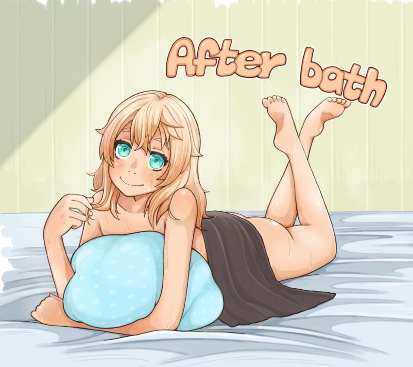 arc_system_works ass bridget feet guilty_gear guilty_gear_strive lying_on_stomach mostly_nude pillow smile sugag towel towel_only