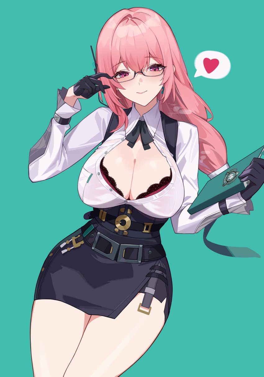 1girls belt big_breasts black_skirt breasts cleavage ear_piercing earrings eyewear female female_only glasses hair heart huge_breasts lace lace-trimmed_bra lace_trim long_hair office_lady peacekeeper.45 pencil_skirt pink_bra pink_eyes pink_hair shirt skirt solo solo_female speech_bubble spoken_heart thighs tsukishiro_yanagi white_shirt zenless_zone_zero