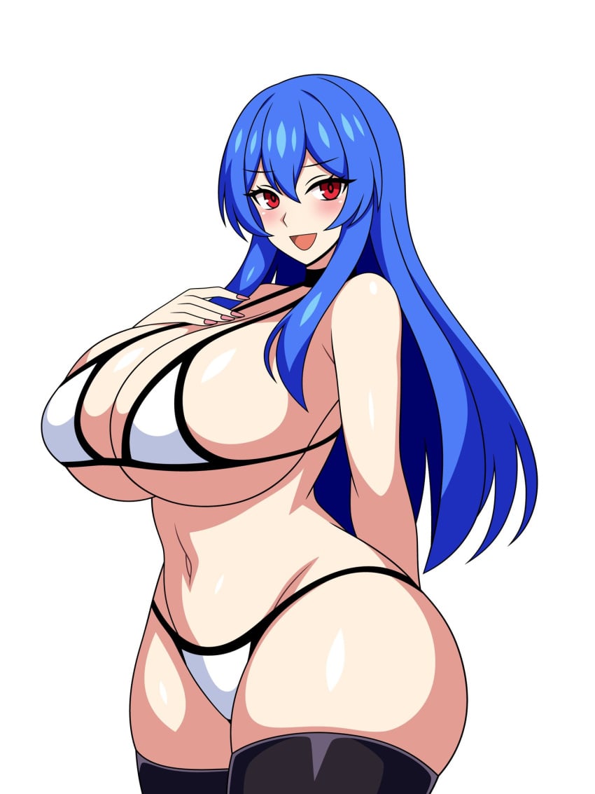 1girls 2d alternate_breast_size bare_shoulders belly belly_button big_breasts blue_hair blush breasts breasts_bigger_than_head cleavage female hand_on_breast hinanawi_tenshi huge_breasts long_hair looking_at_viewer open_mouth red_eyes shiny_hair shiny_skin smile solo source ssaf ssaf52913778 ssaf_seibeupail standing tenshi_hinanawi thick_thighs thighhighs thighs touhou underwear underwear_only white_background