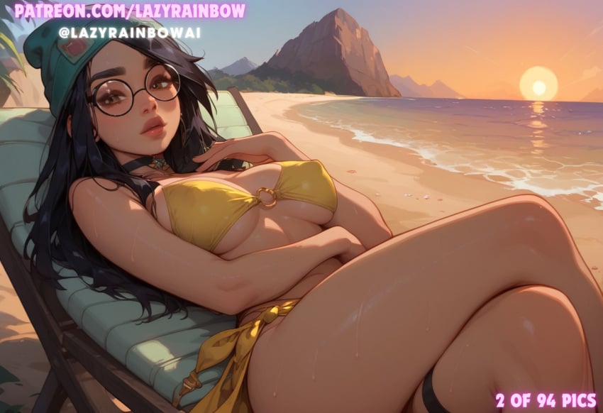 ai_assisted ai_generated beach bikini cleavage crossed_legs hi_res killjoy_(valorant) lazyrainbow riot_games sadtomato sunbathing sunset sweat valorant